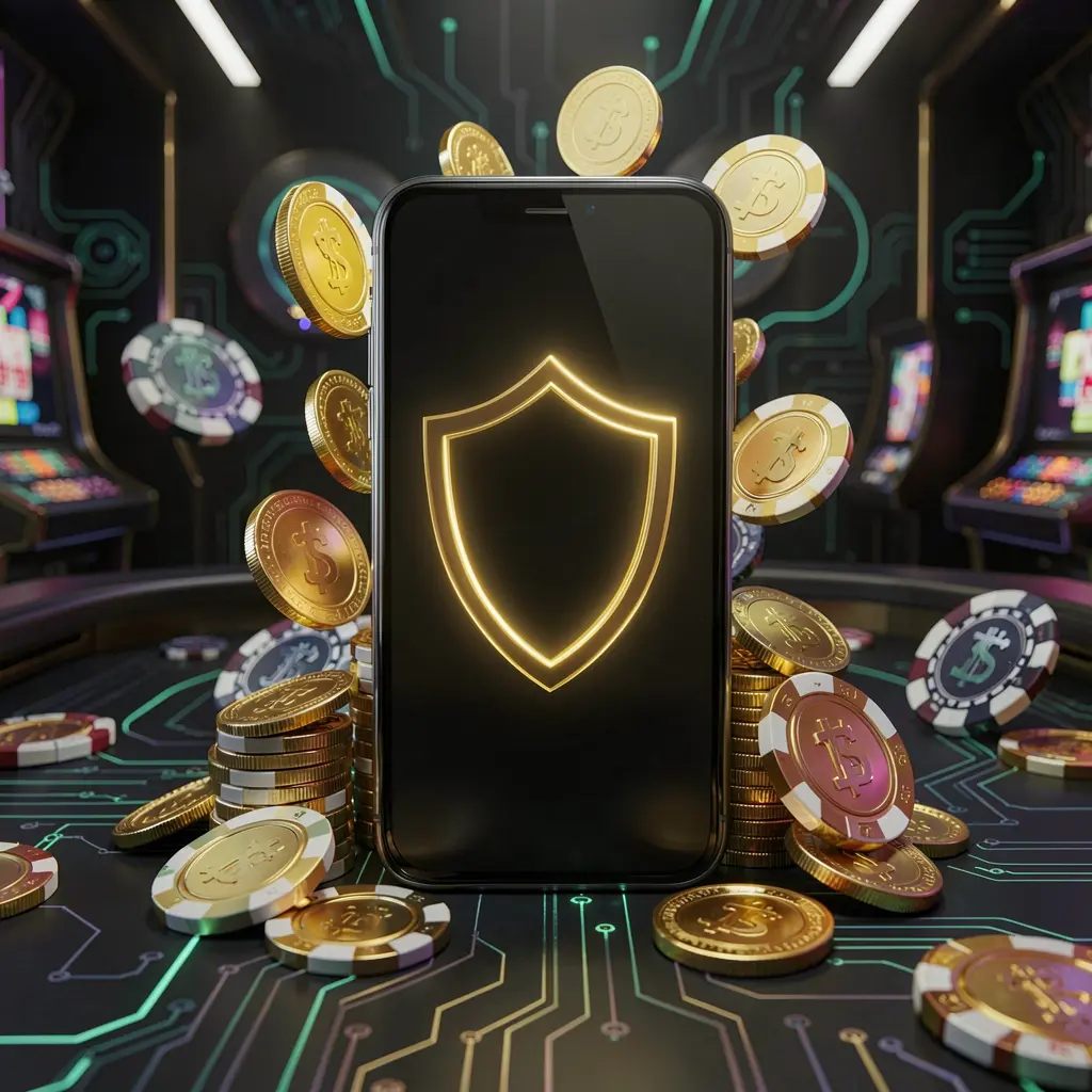 880c secure mobile casino app concept showing a smartphone with a glowing shield icon surrounded by golden coins and chips against a dark luxury cyber background in a realistic 3D render