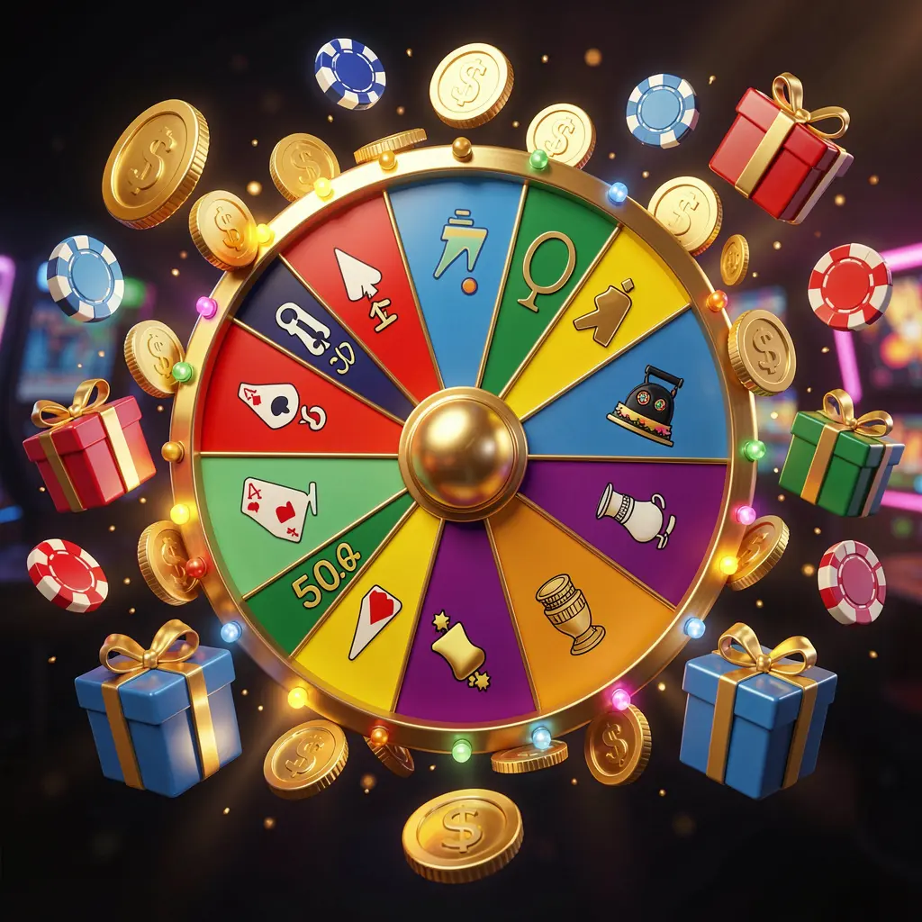 880c online casino bonus wheel with colorful prize wheel surrounded by golden coins, chips, and gift boxes, glowing casino lights creating an exciting jackpot atmosphere on a dark background