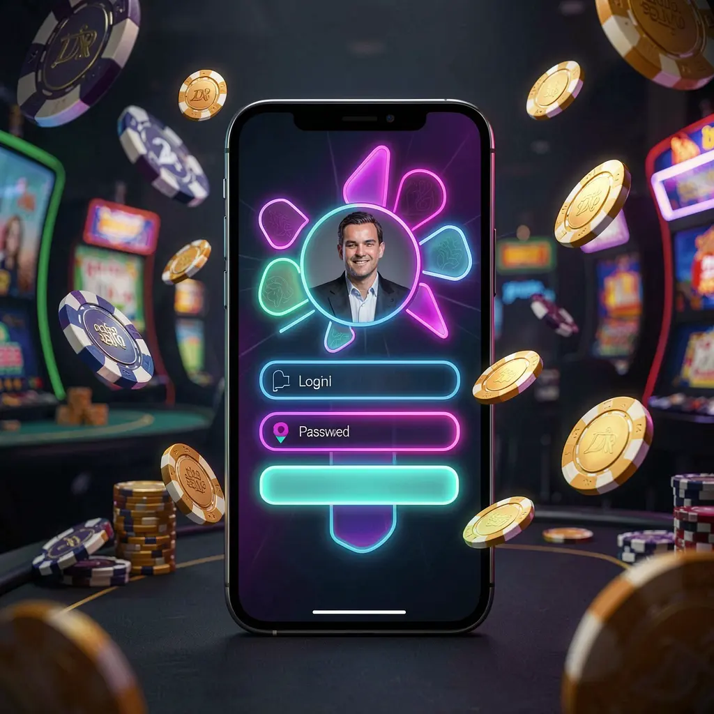 880c mobile casino login screen on a phone with abstract UI shapes for user profile and password fields, neon glow, chips and coins flying around in a dark premium casino atmosphere