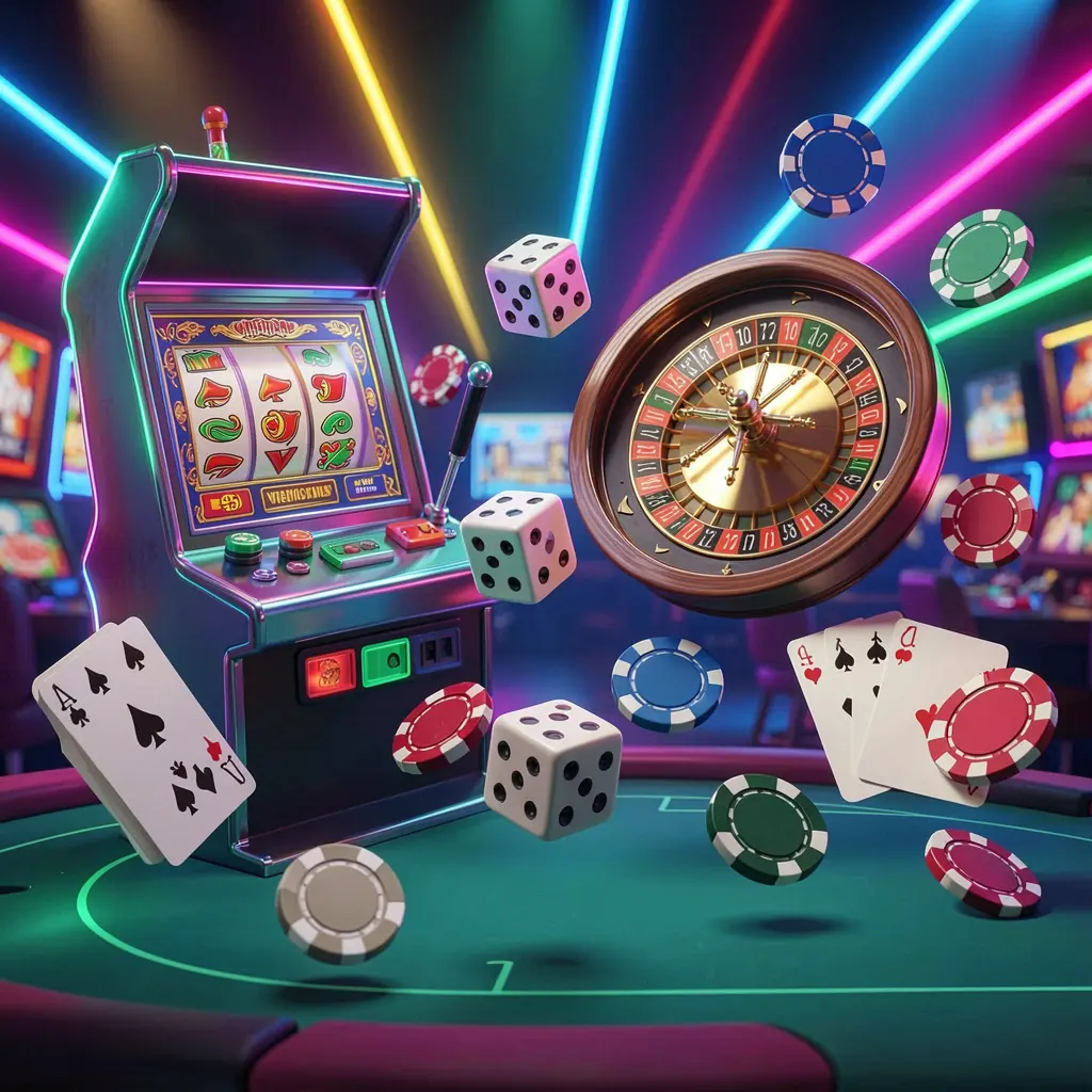 880c casino games collection homepage visual featuring a slot machine, roulette wheel, dice, playing cards, and poker chips floating together with colorful neon lights in a premium 3D render